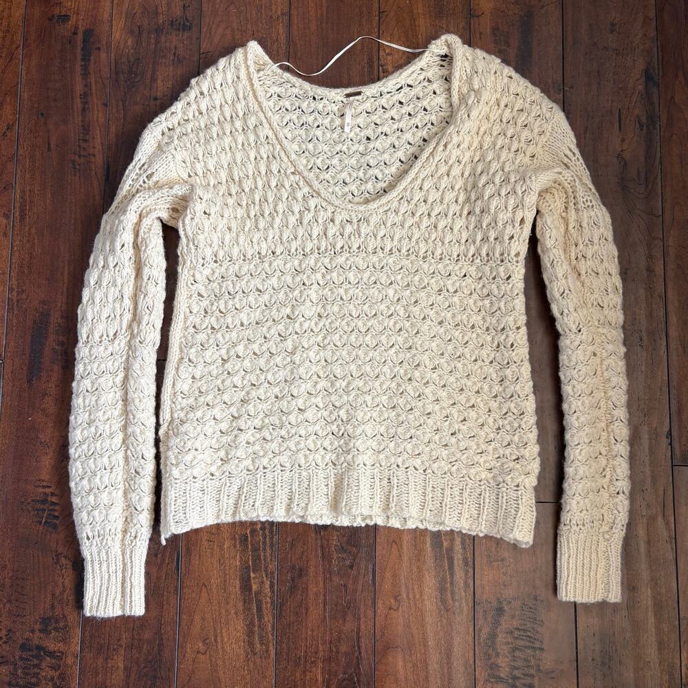 Free People Sweater Womens XS Cream Chunky Open Knit Textured Pullover V-Neck